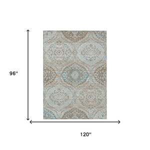 8x10 Ivory Brown Ogee Polyester Area Rug Stain Resistant for Indoor Outdoor Use