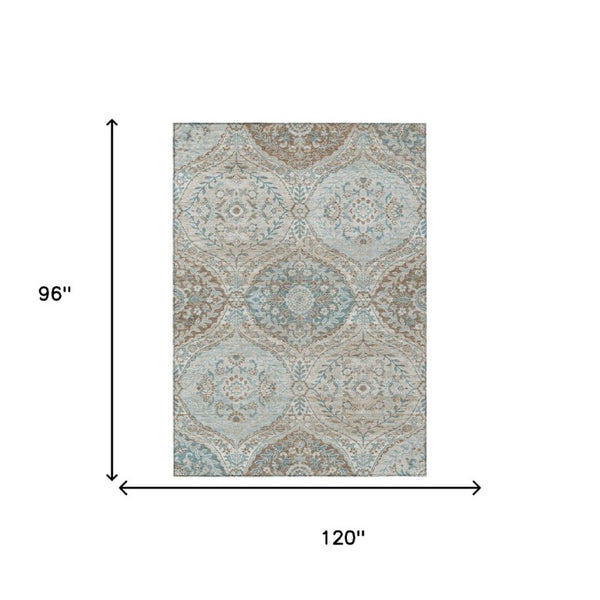 8x10 Ivory Brown Ogee Polyester Area Rug Stain Resistant for Indoor Outdoor Use
