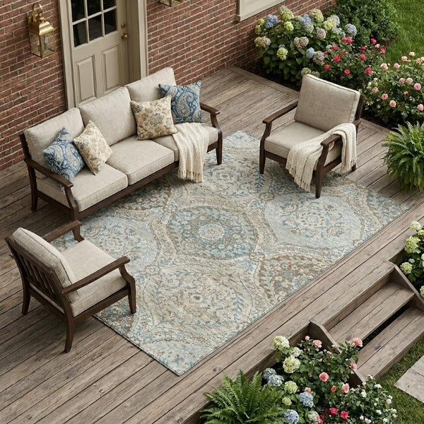 9x12 Ivory Brown Ogee Polyester Area Rug Washable Stain Resistant Indoor Outdoor