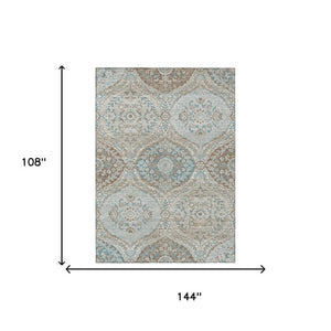9x12 Ivory Brown Ogee Polyester Area Rug Washable Stain Resistant Indoor Outdoor