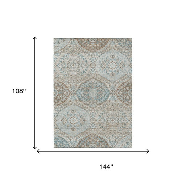 9x12 Ivory Brown Ogee Polyester Area Rug Washable Stain Resistant Indoor Outdoor