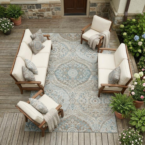 10 Ft X 14 Ft Ivory Brown Ogee Polyester Washable Rug for Indoor Outdoor Living