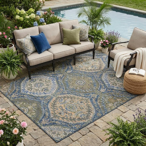 5x8 Navy Linen Ogee Polyester Area Rug Washable Stain Resistant Indoor Outdoor Use