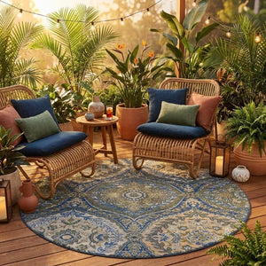 8 Ft Round Ogee Polyester Area Rug Washable Navy Linen Indoor Outdoor Patio