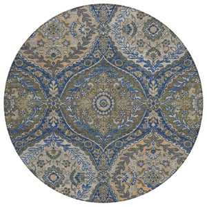 HomeRoots 8 Ft Round Ogee Polyester Area Rug Washable Navy Linen Indoor Outdoor Patio 737016