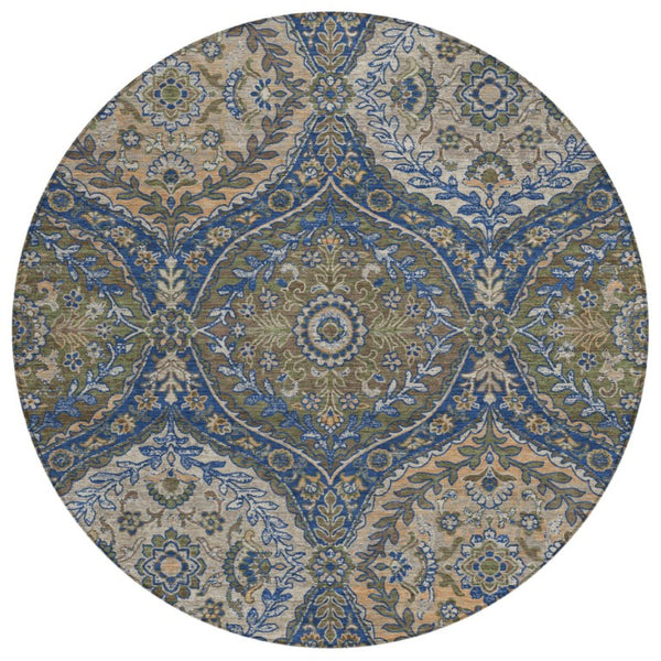 HomeRoots 8 Ft Round Ogee Polyester Area Rug Washable Navy Linen Indoor Outdoor Patio 737016