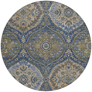 8 Ft Round Ogee Polyester Area Rug Washable Navy Linen Indoor Outdoor Patio