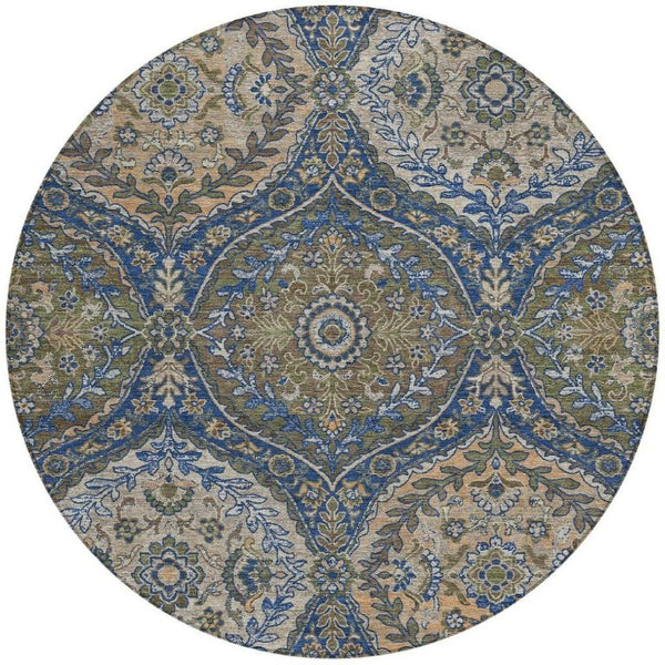 8 Ft Round Ogee Polyester Area Rug Washable Navy Linen Indoor Outdoor Patio