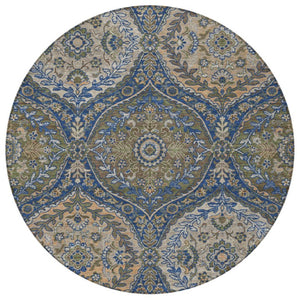 8 Ft Round Ogee Polyester Area Rug Washable Navy Linen Indoor Outdoor Patio