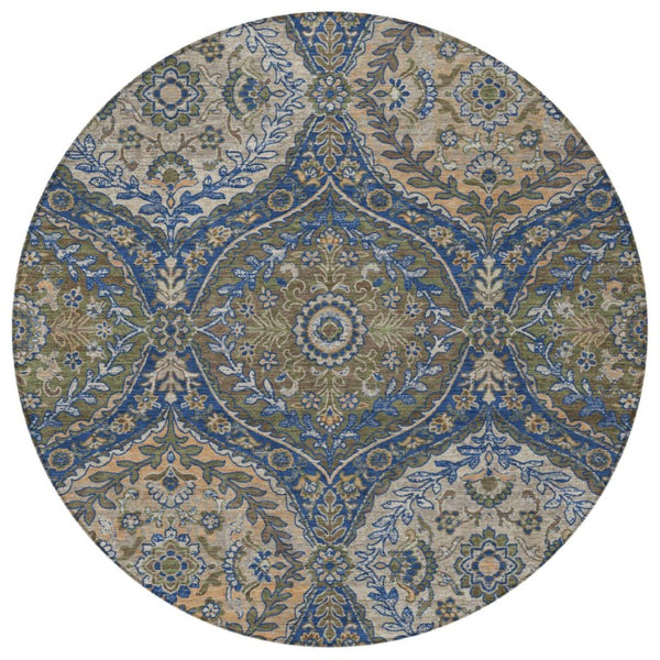 8 Ft Round Ogee Polyester Area Rug Washable Navy Linen Indoor Outdoor Patio
