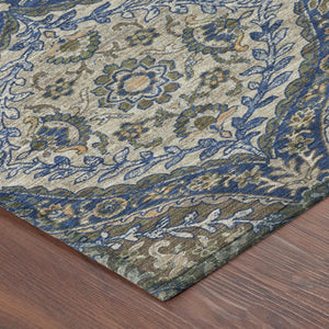 8 Ft Round Ogee Polyester Area Rug Washable Navy Linen Indoor Outdoor Patio