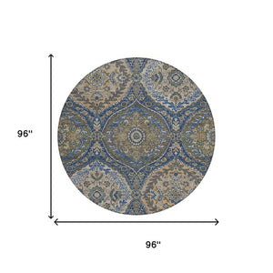 8 Ft Round Ogee Polyester Area Rug Washable Navy Linen Indoor Outdoor Patio
