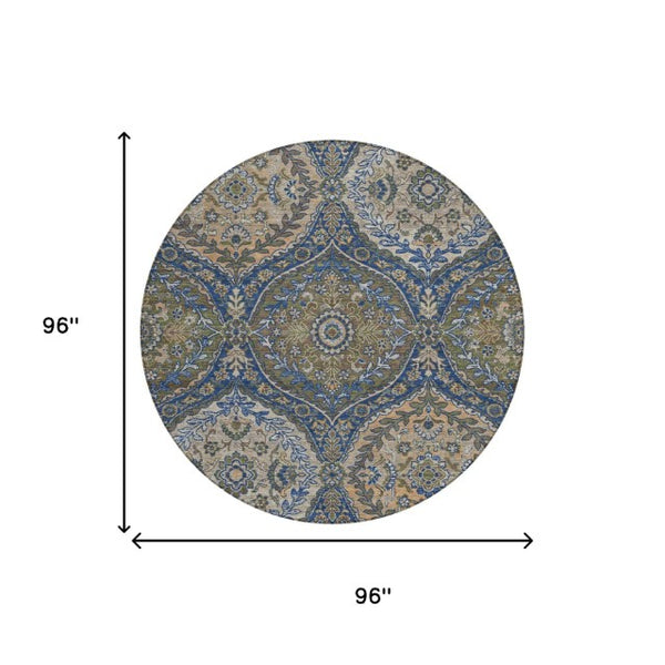 8 Ft Round Ogee Polyester Area Rug Washable Navy Linen Indoor Outdoor Patio