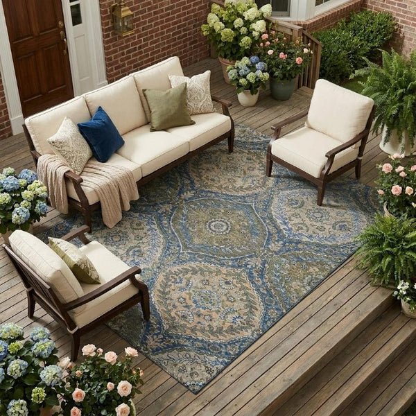 8x10 Navy Linen Ogee Polyester Area Rug Washable Stain Resistant Indoor Outdoor Patio