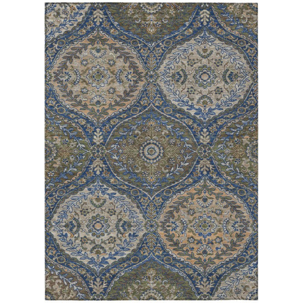 HomeRoots 8x10 Navy Linen Ogee Polyester Area Rug Washable Stain Resistant Indoor Outdoor Patio 737017