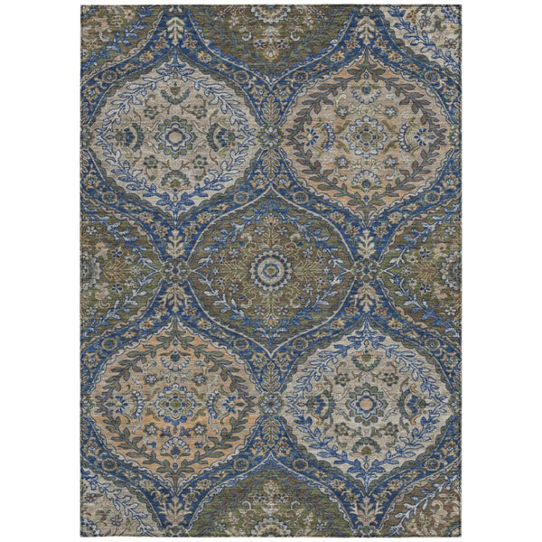8x10 Navy Linen Ogee Polyester Area Rug Washable Stain Resistant Indoor Outdoor Patio