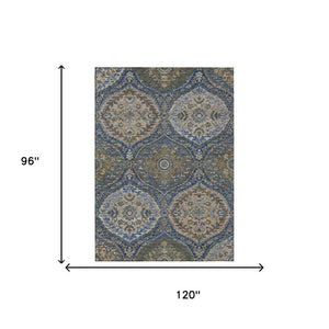 8x10 Navy Linen Ogee Polyester Area Rug Washable Stain Resistant Indoor Outdoor Patio