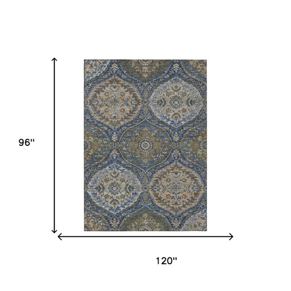 8x10 Navy Linen Ogee Polyester Area Rug Washable Stain Resistant Indoor Outdoor Patio