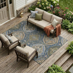 10 Ft X 14 Ft Navy Ogee Polyester Area Rug Washable Stain Resistant Indoor Outdoor