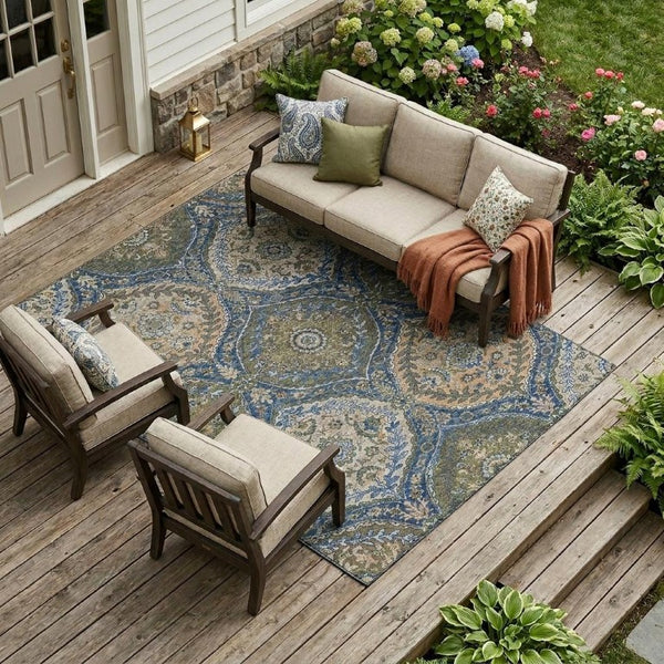 10 Ft X 14 Ft Navy Ogee Polyester Area Rug Washable Stain Resistant Indoor Outdoor