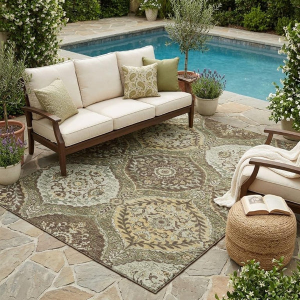 5 X 8 Olive Ogee Washable Polyester Rug for Patio Porch Living Room or Bedroom