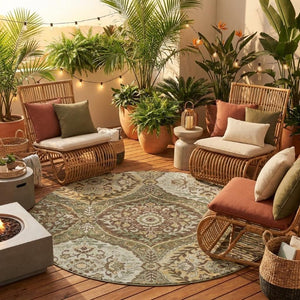 8 Ft Round Ogee Polyester Area Rug Washable Stain Resistant for Indoor Outdoor