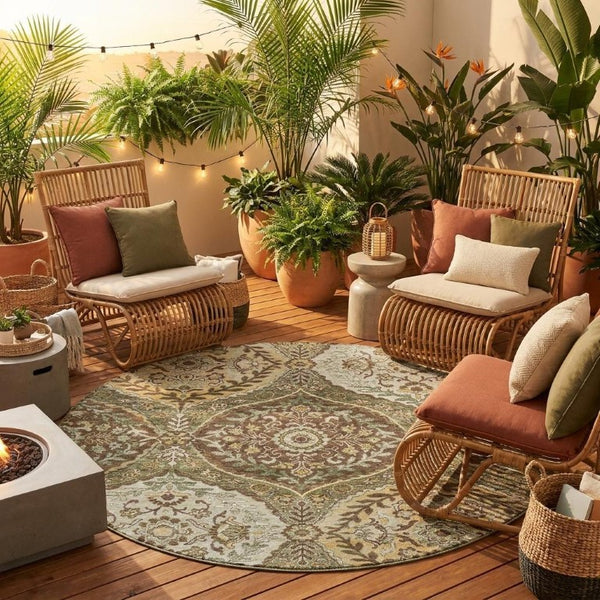 8 Ft Round Ogee Polyester Area Rug Washable Stain Resistant for Indoor Outdoor