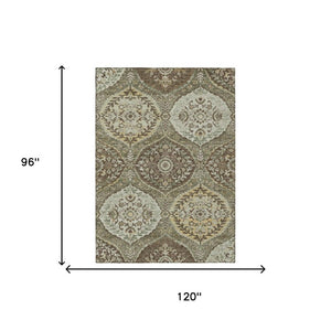 8x10 Olive Green Blue Ogee Polyester Area Rug Washable for Patio or Living Room