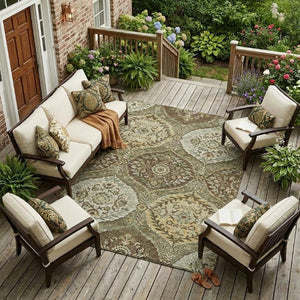 9 X 12 Olive Geometric Ogee Polyester Area Rug Washable Stain Resistant Indoors Out