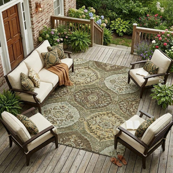 9 X 12 Olive Geometric Ogee Polyester Area Rug Washable Stain Resistant Indoors Out