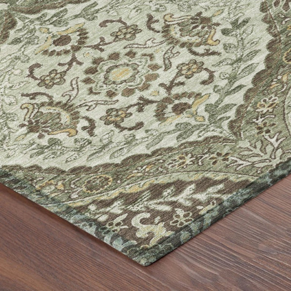 9 X 12 Olive Geometric Ogee Polyester Area Rug Washable Stain Resistant Indoors Out