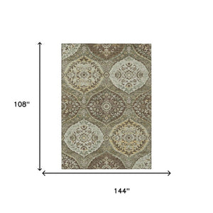 9 X 12 Olive Geometric Ogee Polyester Area Rug Washable Stain Resistant Indoors Out