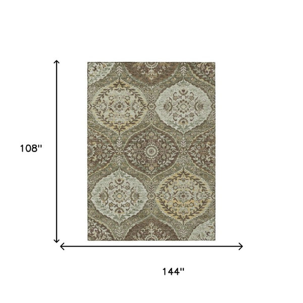 9 X 12 Olive Geometric Ogee Polyester Area Rug Washable Stain Resistant Indoors Out