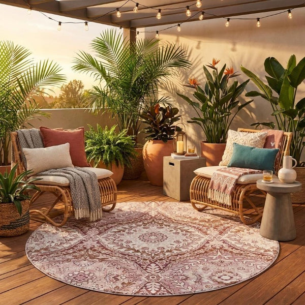 8 Ft Round Ogee Polyester Area Rug with Stain Resistant Washable Design for Patio