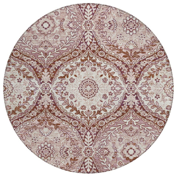 HomeRoots 8 Ft Round Ogee Polyester Area Rug with Stain Resistant Washable Design for Patio 737028