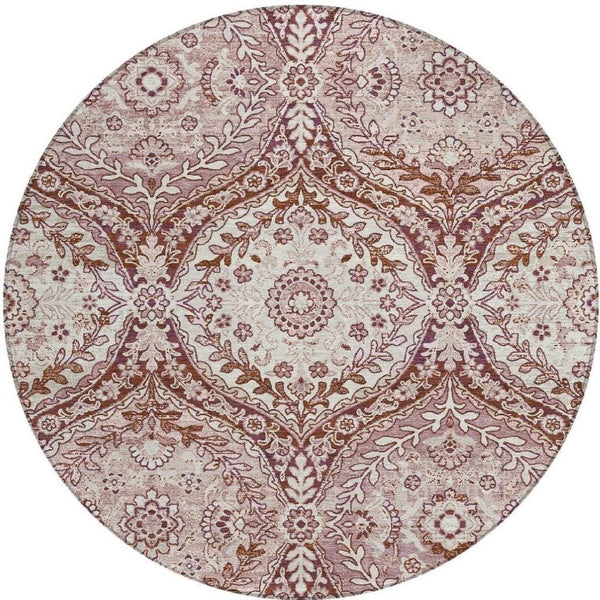 8 Ft Round Ogee Polyester Area Rug with Stain Resistant Washable Design for Patio