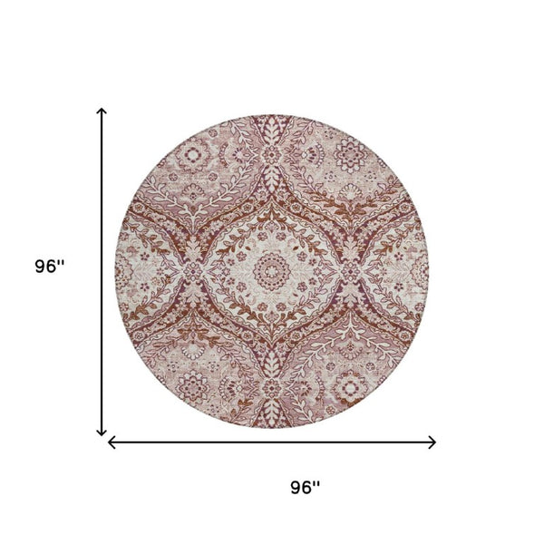 8 Ft Round Ogee Polyester Area Rug with Stain Resistant Washable Design for Patio