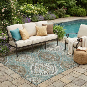 5x8 Teal Purple Ogee Polyester Area Rug Washable Stain Resistant Indoor Outdoor