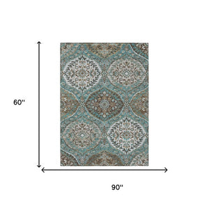5x8 Teal Purple Ogee Polyester Area Rug Washable Stain Resistant Indoor Outdoor
