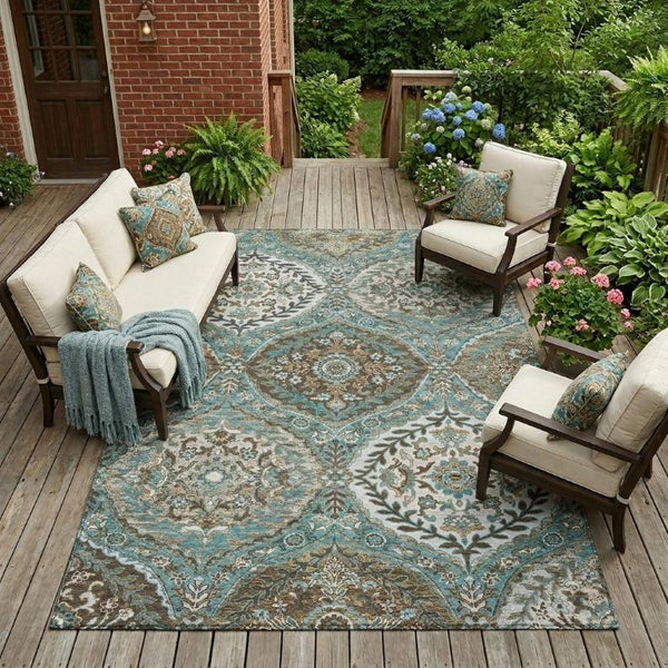 8 X 10 Teal Purple Ogee Polyester Area Rug Washable Stain Resistant Indoor Outdoor