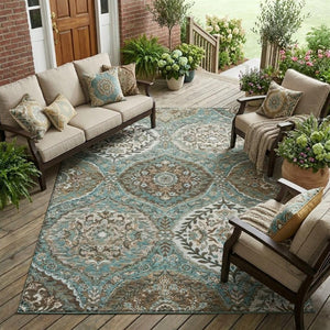 9 X 12 Teal Purple Ogee Polyester Area Rug Stain Resistant for Indoor Outdoor Use