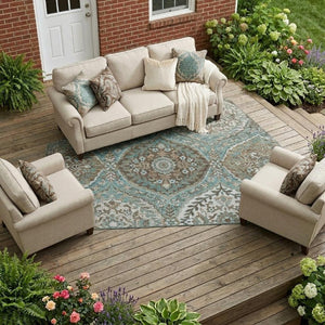 10 X 14 Ogee Teal Purple Washable Polyester Rug for Patio Porch or Living Room