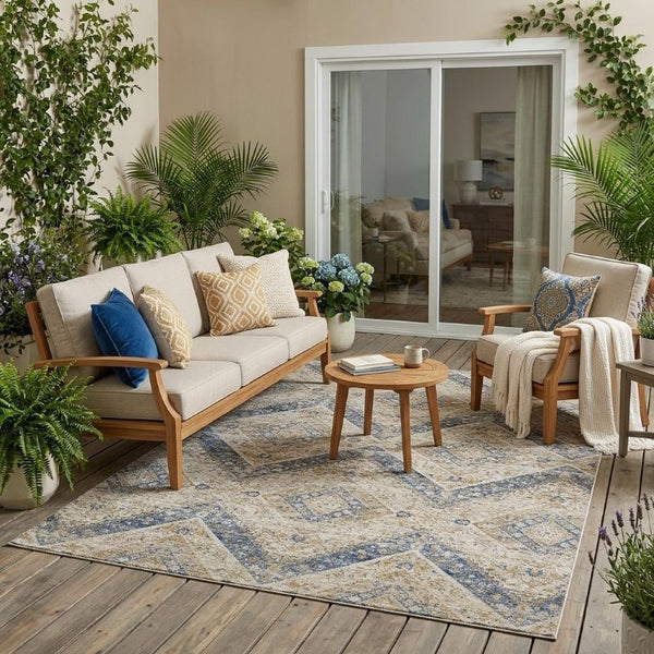 5 X 8 Beige Teal Tribal Polyester Area Rug Stain Resistant for Patio or Living Room