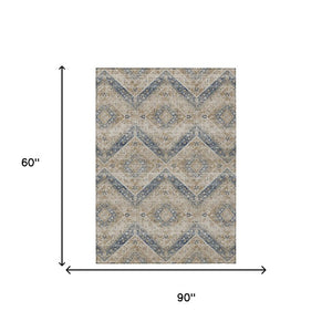 5 X 8 Beige Teal Tribal Polyester Area Rug Stain Resistant for Patio or Living Room