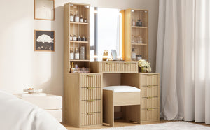 English Elm 43.5" Fluted Makeup Vanity with Led Mirror Glass Top Gold Hardware and Storage Stool Oak N704G202305N