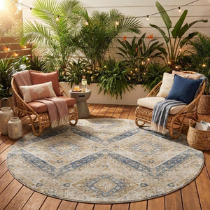 8 Ft Round Tribal Geometric Polyester Rug Beige Teal Washable Indoor Outdoor