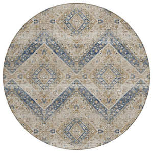 HomeRoots 8 Ft Round Tribal Geometric Polyester Rug Beige Teal Washable Indoor Outdoor 737040