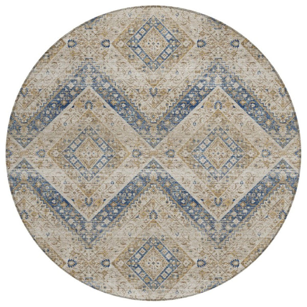 HomeRoots 8 Ft Round Tribal Geometric Polyester Rug Beige Teal Washable Indoor Outdoor 737040