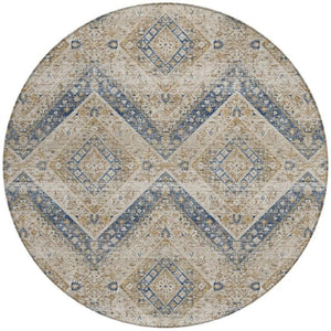 8 Ft Round Tribal Geometric Polyester Rug Beige Teal Washable Indoor Outdoor