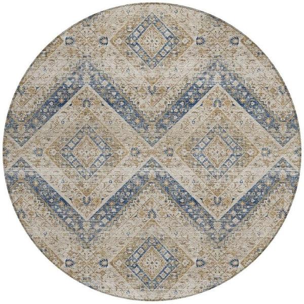 8 Ft Round Tribal Geometric Polyester Rug Beige Teal Washable Indoor Outdoor